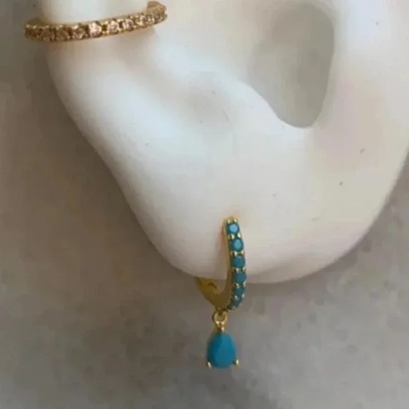 Gold Turquoise Tear Drop Crystal Huggie Hoop Earrings - Picture 3 of 5